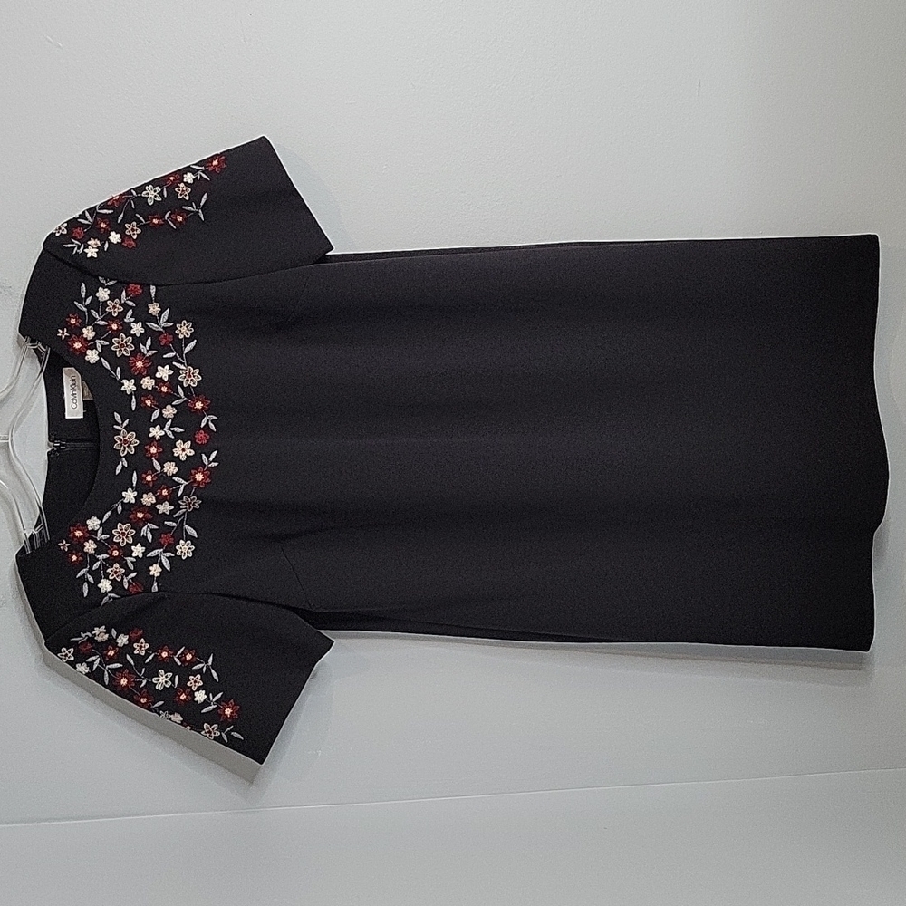 Calvin Klein  Black Cocktail Shift Dress Embroidered